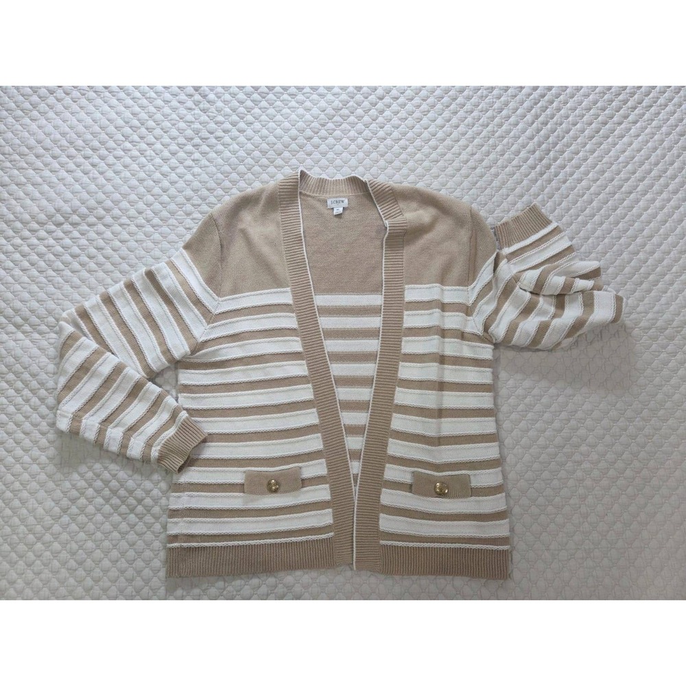 J.Crew Tan White Striped Open Front Cardigan Gold Crest Button XL